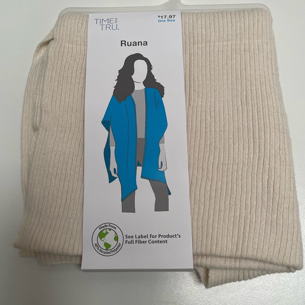 Time  & Tru Womens Ribbed Ruana Wrap One sizes.
